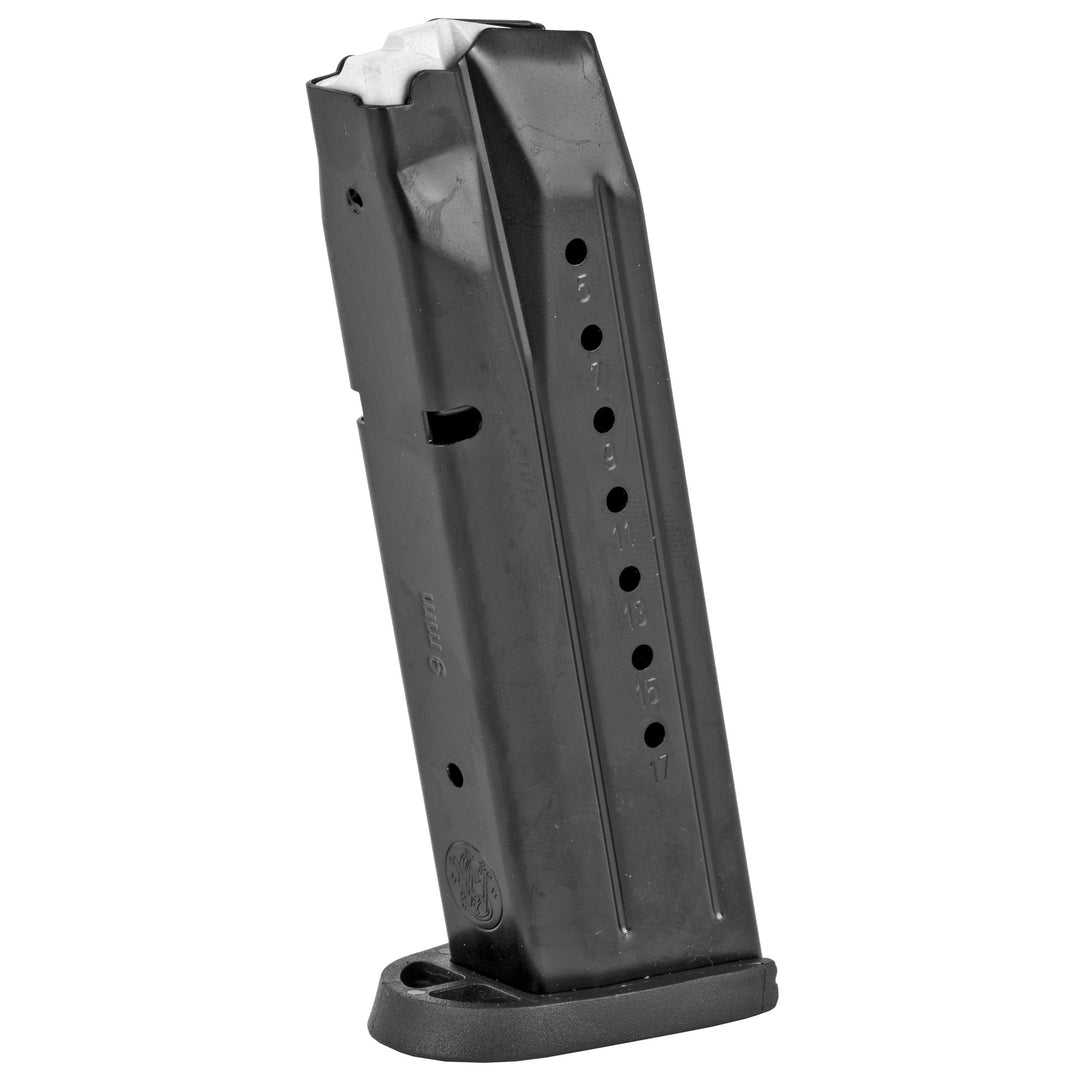 Smith & Wesson M&P 9mm 17-round OEM magazine with steel body, numbered witness holes, and polymer baseplate.