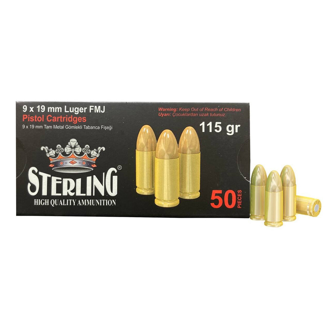 Sterling 9mm Luger 115 grain FMJ brass‑cased ammunition, 50‑round box with cartridges displayed