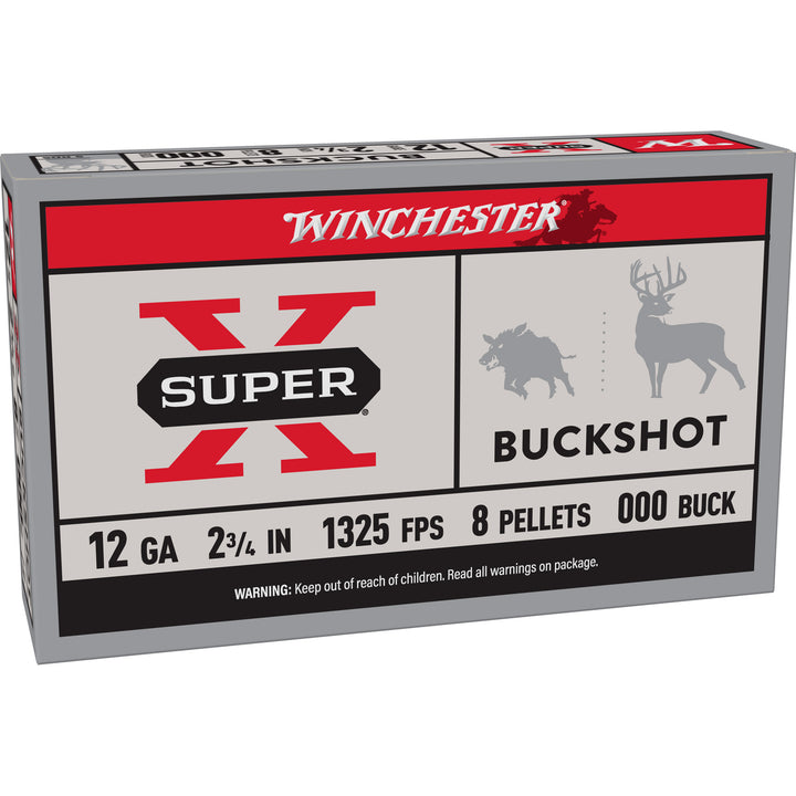Front view of Winchester Super-X 12 Gauge 2.75 inch 00 Buckshot ammunition box showing 9 pellets, 1325 FPS velocity, and hunting icons for deer and boar.